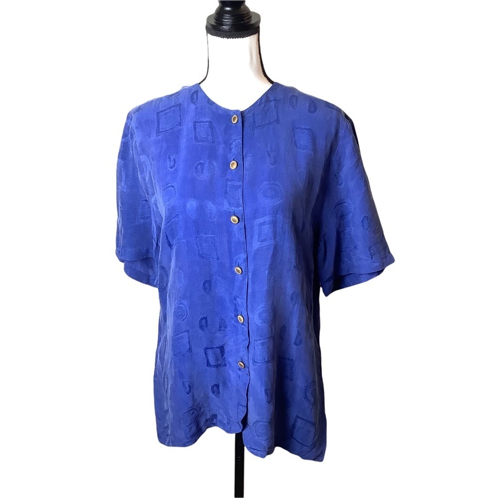 Vintage Short Sleeve‎ Silky Blouse Womens M Blue Cupro Button Front Printed